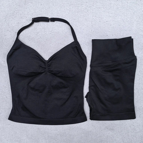 2 Pieces Seamless Yoga Set Workout Clothes Shorts Sets Adjustable Longline Strappy Top Scrunch Shorts Yoga Clothing Gym Set